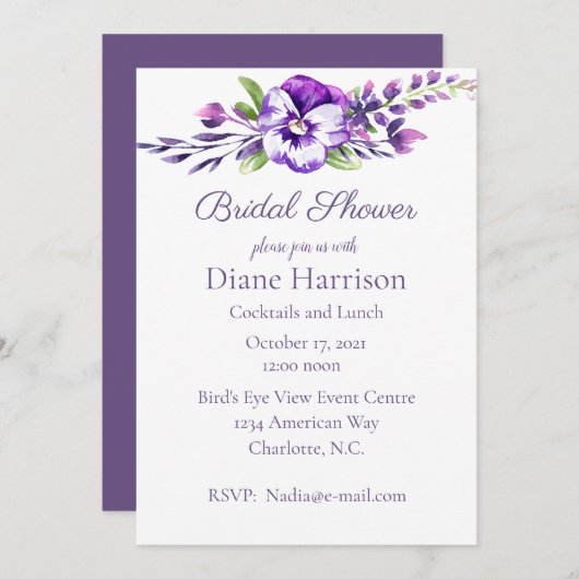 ウォーターカラーパンジーブライダルシャワー 招待状 (正面/裏面)