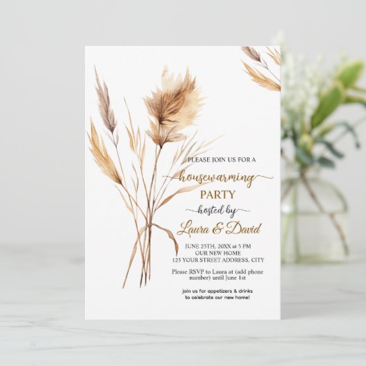 ウォーターカラーパンパスグラス引っ越し祝いパーティーパーティー 招待状 (スタンド正面)