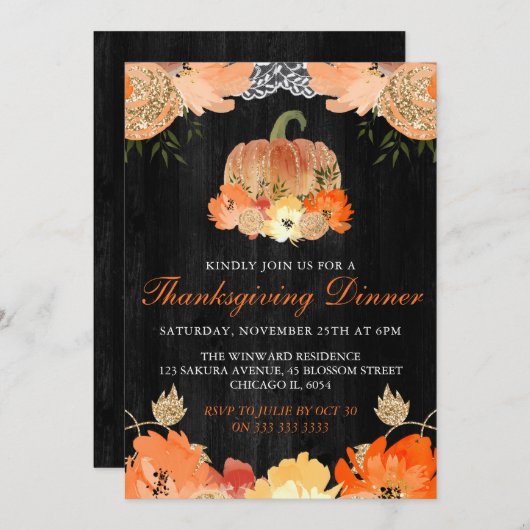 ウォーターカラーパンプキンウッド感謝祭ディナー 招待状 (正面/裏面)