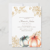 ウォーターカラーパンプキンオレンジ金ゴールド秋婚約 招待状 (正面)