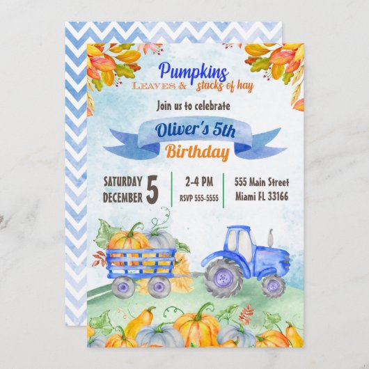 ウォーターカラーパンプキントラクタ誕生日招待状 招待状 (正面/裏面)
