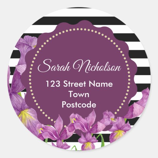 ウォーターカラーパープルアイリスフローラ白黒ストライプ ラウンドシール (正面)