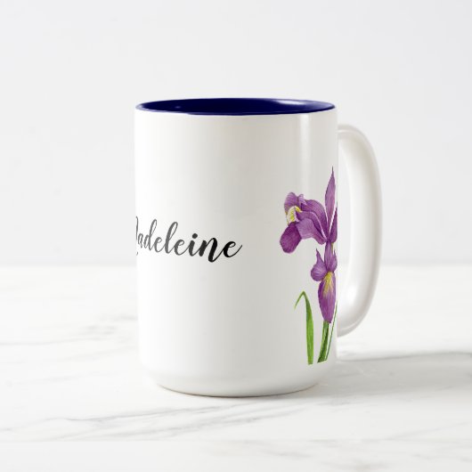 ウォーターカラーパープルアイリスボタニカルアートフローラ ツートーンマグカップ (正面右)