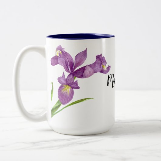 ウォーターカラーパープルアイリスボタニカルアートフローラ ツートーンマグカップ (左)