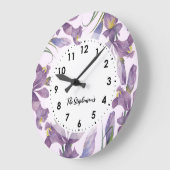 ウォーターカラーパープルアイリスボタニカルイラストレーション ラージ壁時計 (傾斜)