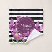 ウォーターカラーパープルアイリス白黒ストライプ バスタオルセット (ウォッシュタオル)