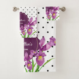 ウォーターカラーパープルアイリス白黒水玉模様 バスタオルセット