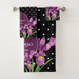 ウォーターカラーパープルアイリス白黒水玉模様 バスタオルセット