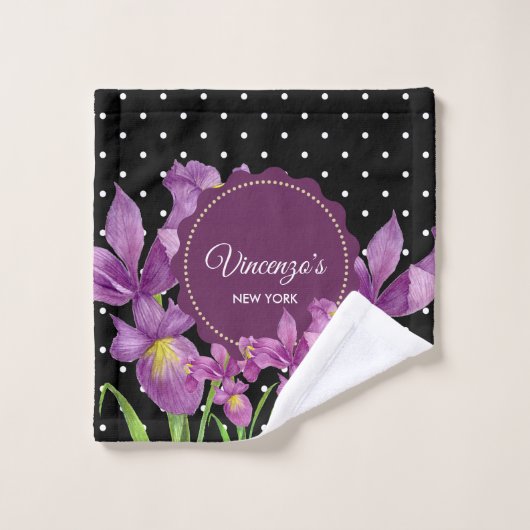 ウォーターカラーパープルアイリス白黒水玉模様 バスタオルセット (ウォッシュタオル)