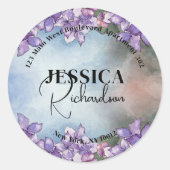 ウォーターカラーパープルアジサイ差出人住所ラベル ラウンドシール (正面)