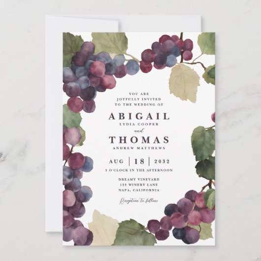 ウォーターカラーパープルグレープつる植物ビネヤードズ結婚ズ 招待状 (正面)