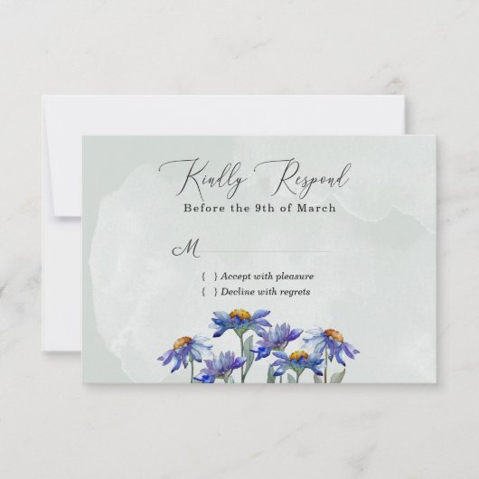ウォーターカラーパープルデイジー素朴セージグリーンイベント 出欠カード (正面)