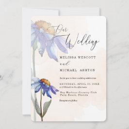 ウォーターカラーパープルデイジー素朴ピーチ結婚ーズ 招待状