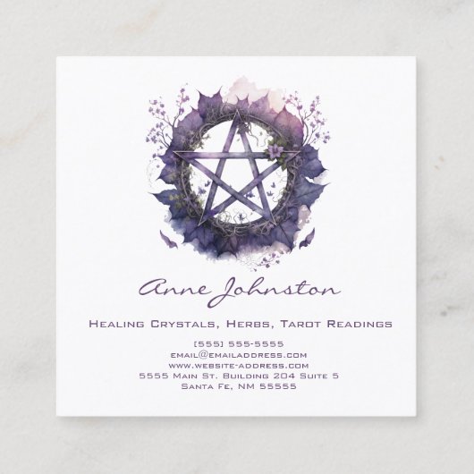 ウォーターカラーパープルペンタグラムリース スクエア名刺 (裏面)