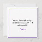 ウォーターカラーパープルボウ甘い16誕生日 サンキューカード (裏面)