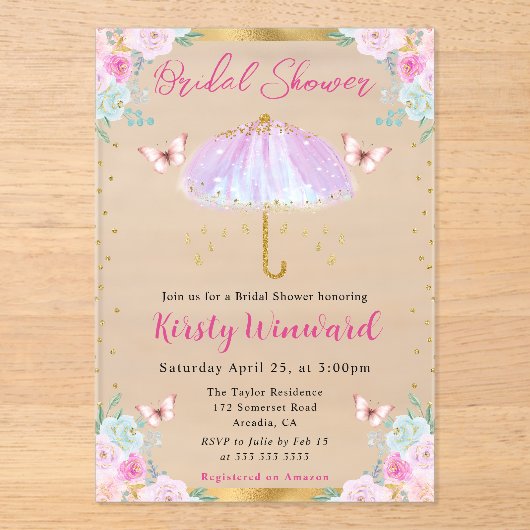 ウォーターカラーパープル春アンブレラブライダルシャワー アクリル招待状 (正面)