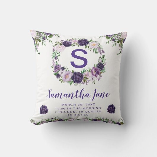 ウォーターカラーパープル&クリームフラワーズリースベビー クッション (正面)