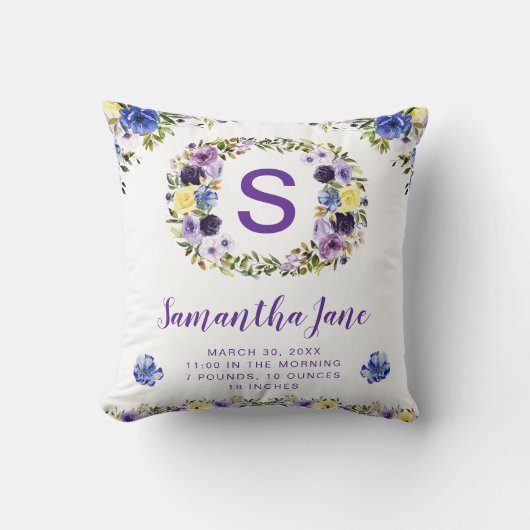 ウォーターカラーパープル&クリームフラワーズリースベビー  クッション (正面)