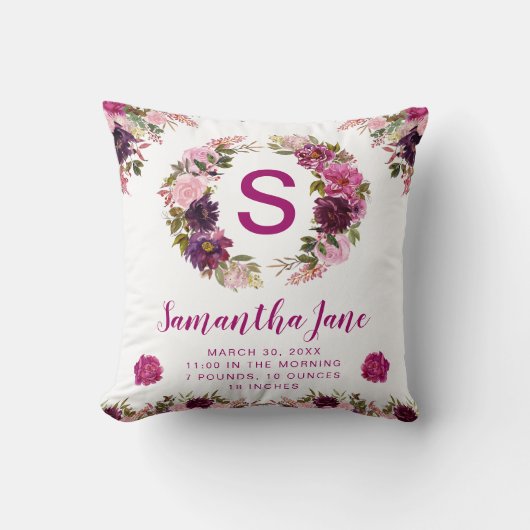 ウォーターカラーパープル&ピンクサマーフラワーズベビー クッション (正面)