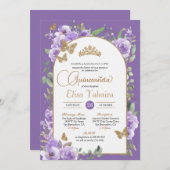 ウォーターカラーパープル&金ゴールドバタフライキンセアニラ 招待状 (正面/裏面)