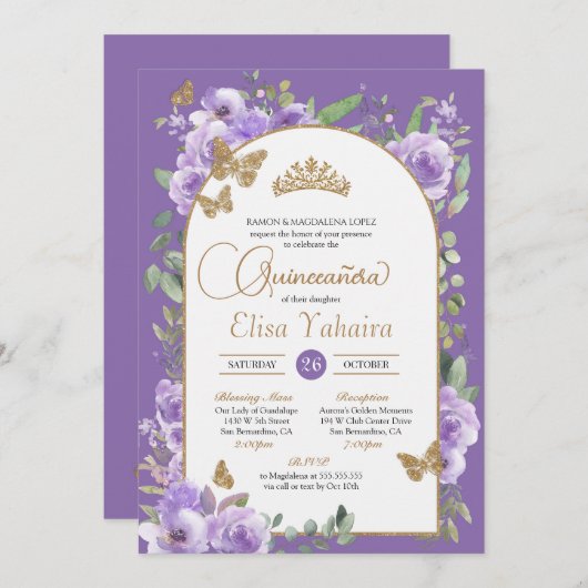 ウォーターカラーパープル&金ゴールドバタフライキンセアニラ 招待状 (正面/裏面)