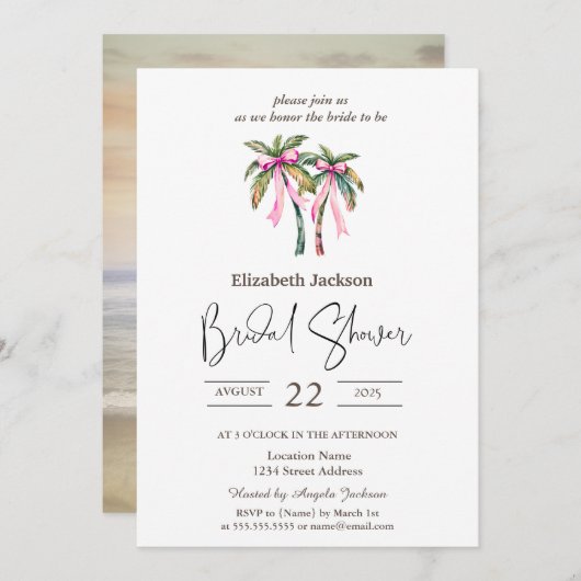 ウォーターカラーパームズピンクボウビーチブライダルシャワー 招待状 (正面/裏面)