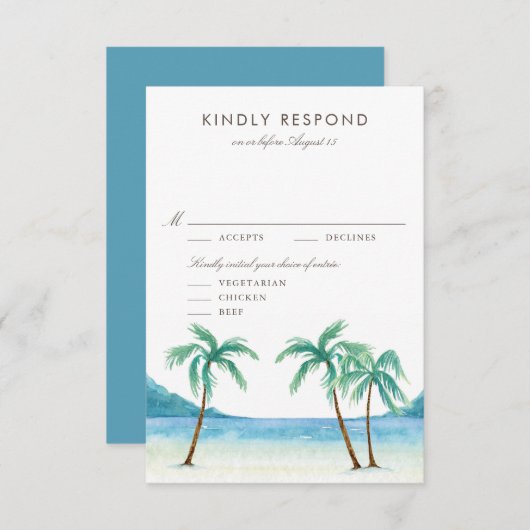 ウォーターカラーパームツリーズトロピカルビーチ結婚式 出欠カード (正面/裏面)