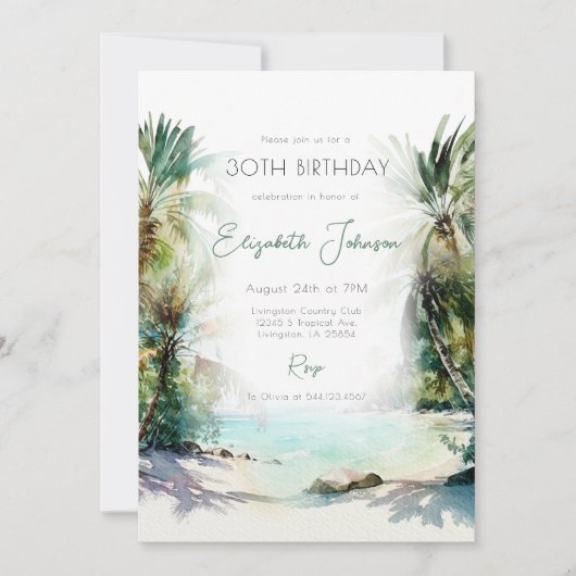 ウォーターカラーパームツリーズ誕生日招待状 招待状 (正面)