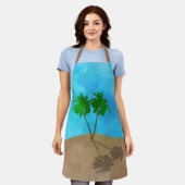 ウォーターカラーパームツリービーチシーンコラージュ エプロン (着用した状態)