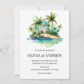 ウォーターカラーパームツリービーチトロピカルアイランド結婚ズ 招待状 (正面)