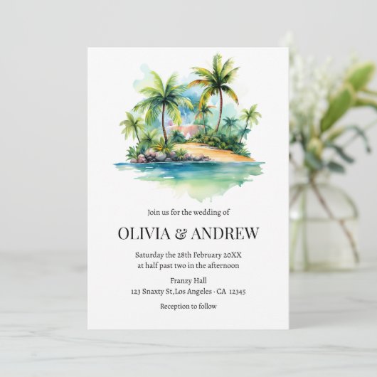 ウォーターカラーパームツリービーチトロピカルアイランド結婚ズ 招待状 (スタンド正面)