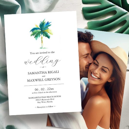 ウォーターカラーパームツリー写真付き結婚式招待状