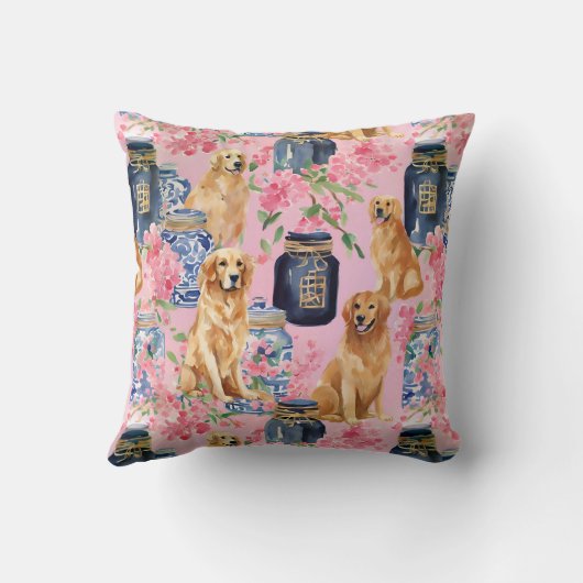 ウォーターカラーパームビーチゴールデンレトリバージンジャージャー クッション (裏面)