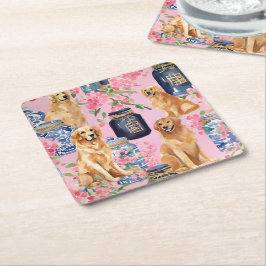 ウォーターカラーパームビーチゴールデンレトリバージンジャージャー スクエアペーパーコースター