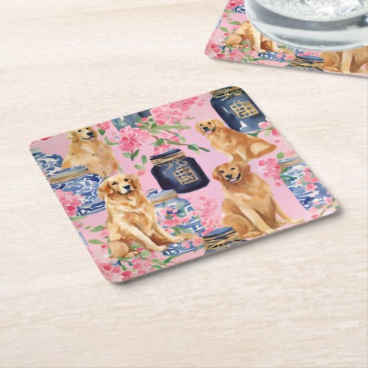 ウォーターカラーパームビーチゴールデンレトリバージンジャージャー スクエアペーパーコースター (アングル)