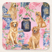 ウォーターカラーパームビーチゴールデンレトリバージンジャージャー スクエアペーパーコースター (正面)