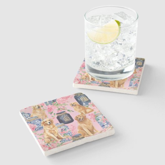 ウォーターカラーパームビーチゴールデンレトリバージンジャージャー ストーンコースター (横)