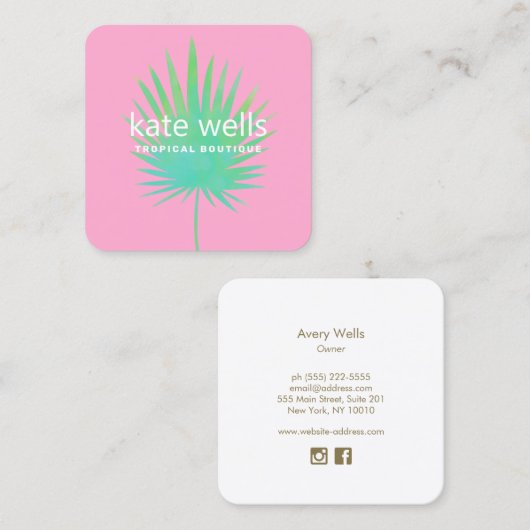 ウォーターカラーパームリーフトロピカルアパレルブティック スクエア名刺 (正面/裏面)