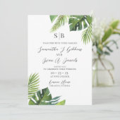 ウォーターカラーパームリーフトロピカル結婚式招待状 招待状 (スタンド正面)