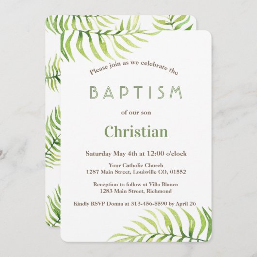 ウォーターカラーパーム葉ビーチボーバプティスマ招待状 招待状 (正面/裏面)