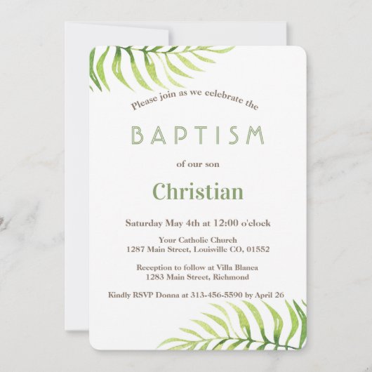 ウォーターカラーパーム葉ビーチボーバプティスマ招待状 招待状 (正面)