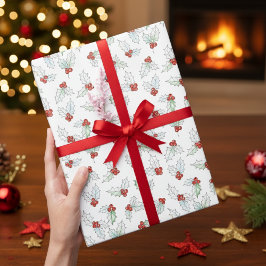 ウォーターカラーヒイラギの葉と赤い実のクリスマス ラッピングペーパー