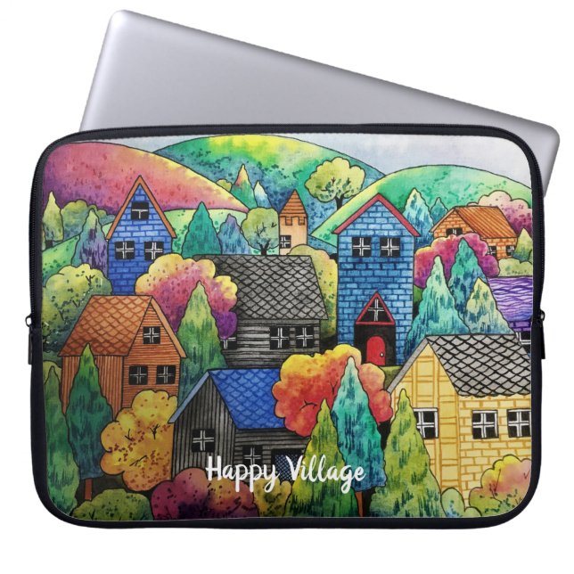 ウォーターカラーヒルサイドビレッジウィズカラフルハウス ラップトップスリーブ (正面)