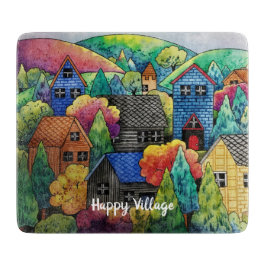 ウォーターカラーヒルサイドビレッジウィズハカラフルウス カッティングボード