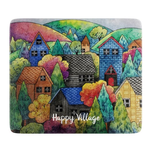 ウォーターカラーヒルサイドビレッジウィズハカラフルウス カッティングボード (正面)