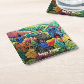 ウォーターカラーヒルサイドビレッジウィズハカラフルウス スクエアペーパーコースター (アングル)