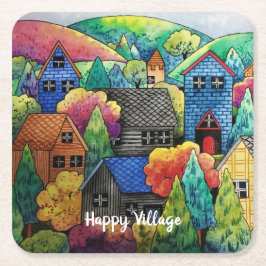 ウォーターカラーヒルサイドビレッジウィズハカラフルウス スクエアペーパーコースター