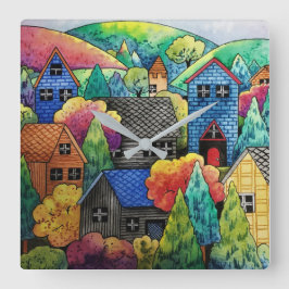 ウォーターカラーヒルサイドビレッジウィズハカラフルウス スクエア壁時計