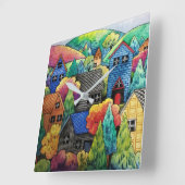 ウォーターカラーヒルサイドビレッジウィズハカラフルウス スクエア壁時計 (傾斜)