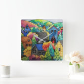 ウォーターカラーヒルサイドビレッジウィズハカラフルウス スクエア壁時計 (ホーム)